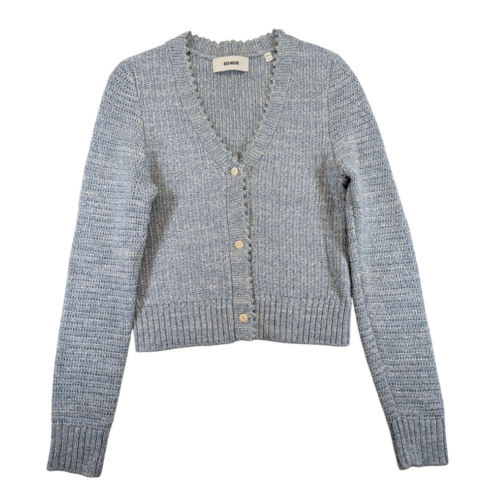 Buck Mason Womens Blue Marled Cotton Scalloped V-Neck Cardigan Small BW16132